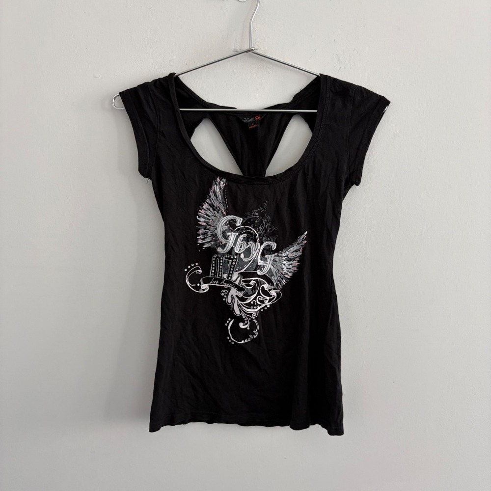 Vintage G By Guess Black Graphic Wing Cutout Back Tee Small